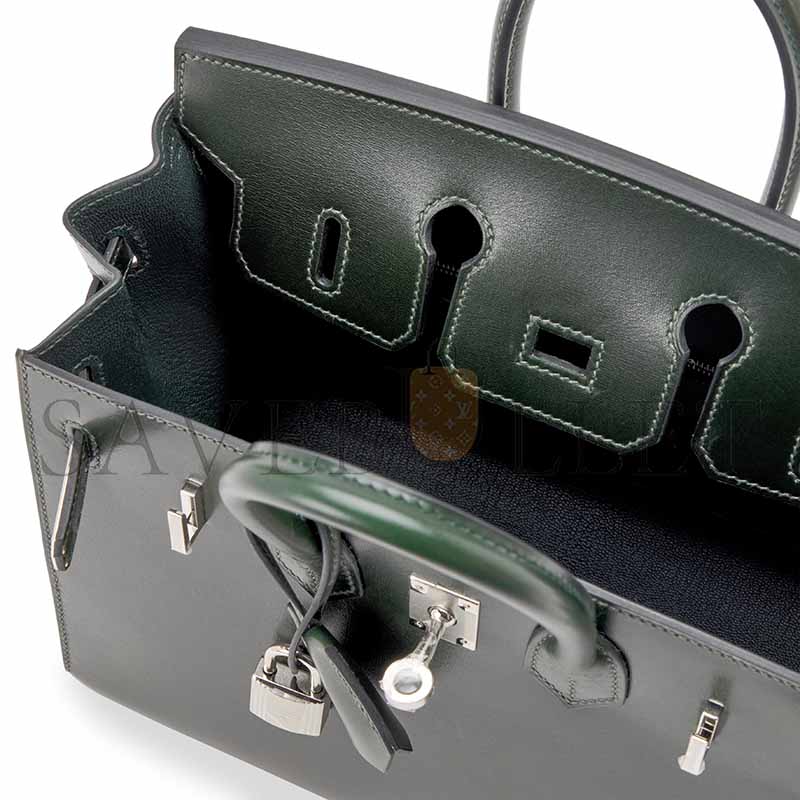H**mes MASTER BIRKIN 25 SELLIER VERT FONCE BOX CALF PALLADIUM HARDWARE (25*20*13cm)